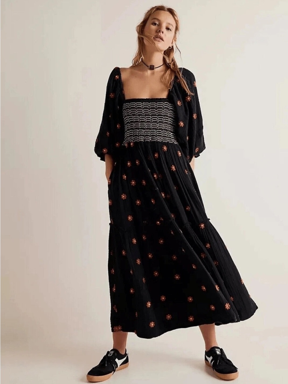 Free People Dahlia Embroidered Maxi Dress Black Combo Smocked Floral  XL